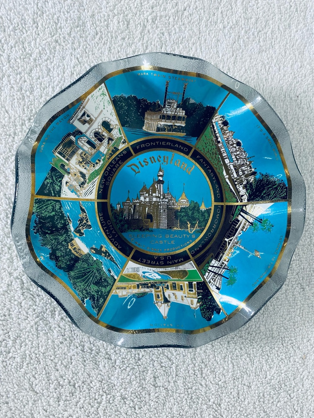 Vintage Disneyland Souvenir Plate Blue Ruffled Edge Glass Trinket Bowl Castle